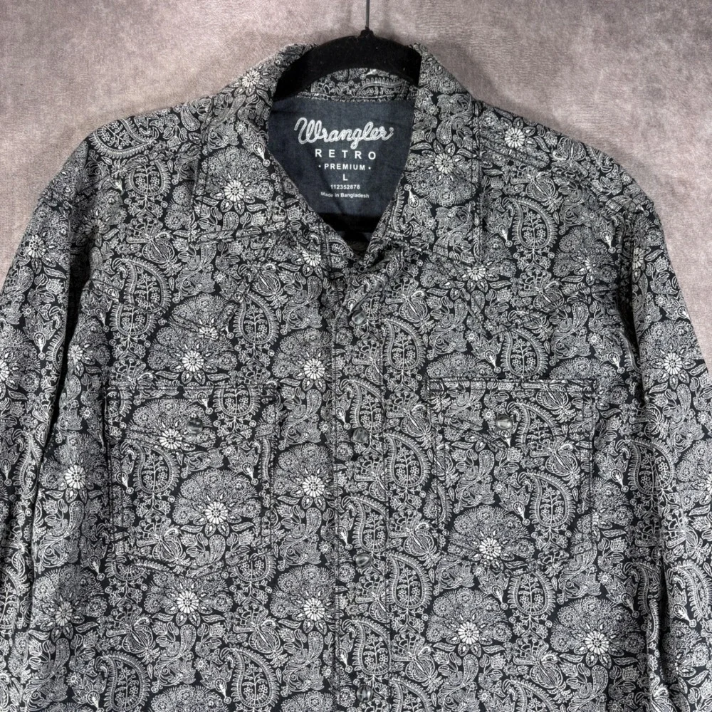 Wrangler Shirt Mens Large Black Retro Premium Paisley Snap Button Western Cowboy